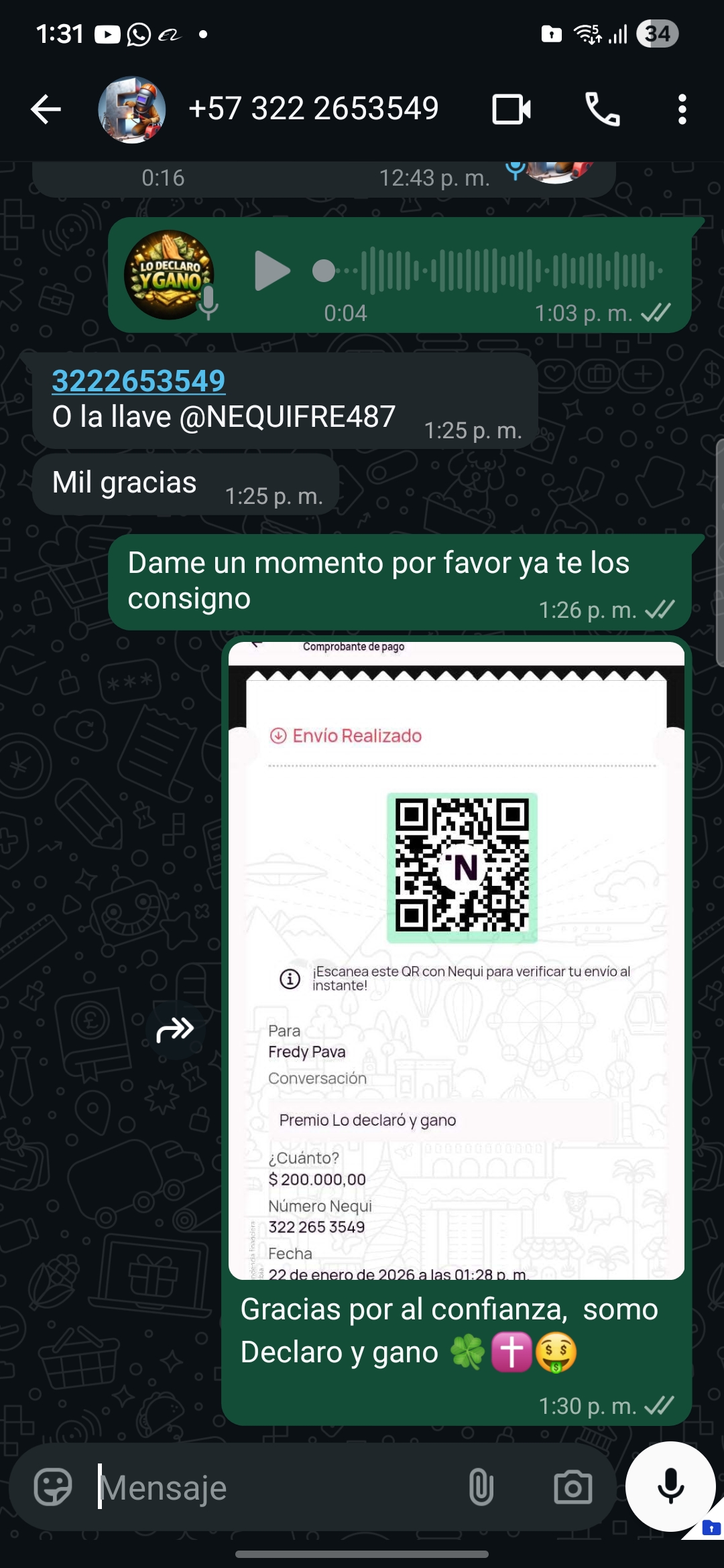 Comprobante de pago vía Nequi